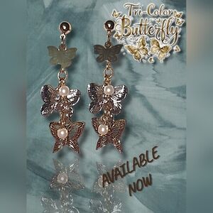 Tri-Tone Butterfly Dangle Earrings with Faux Pearls